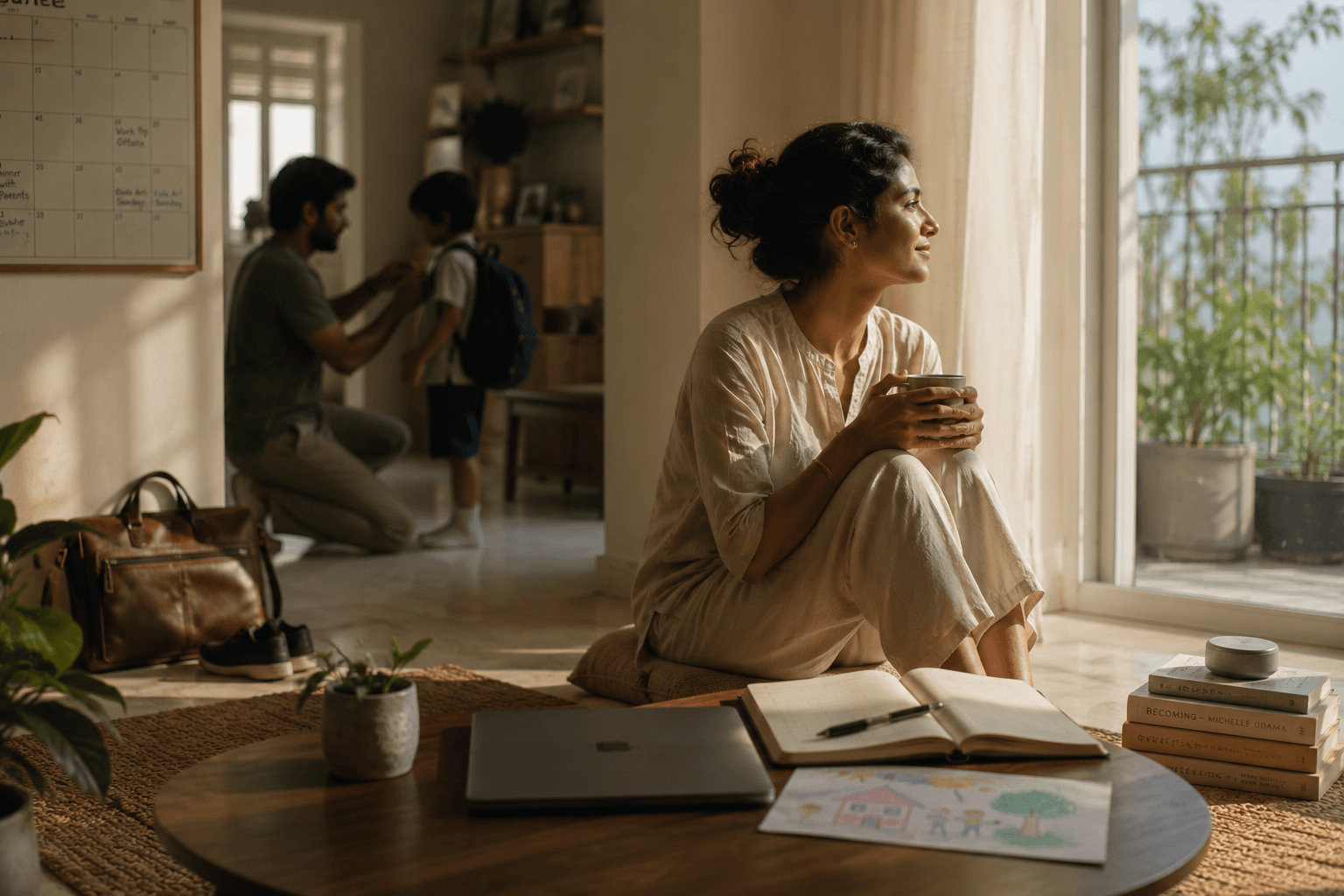 A woman resting her chin on her hand, looking out a window past an open journal and a birth chart on the desk