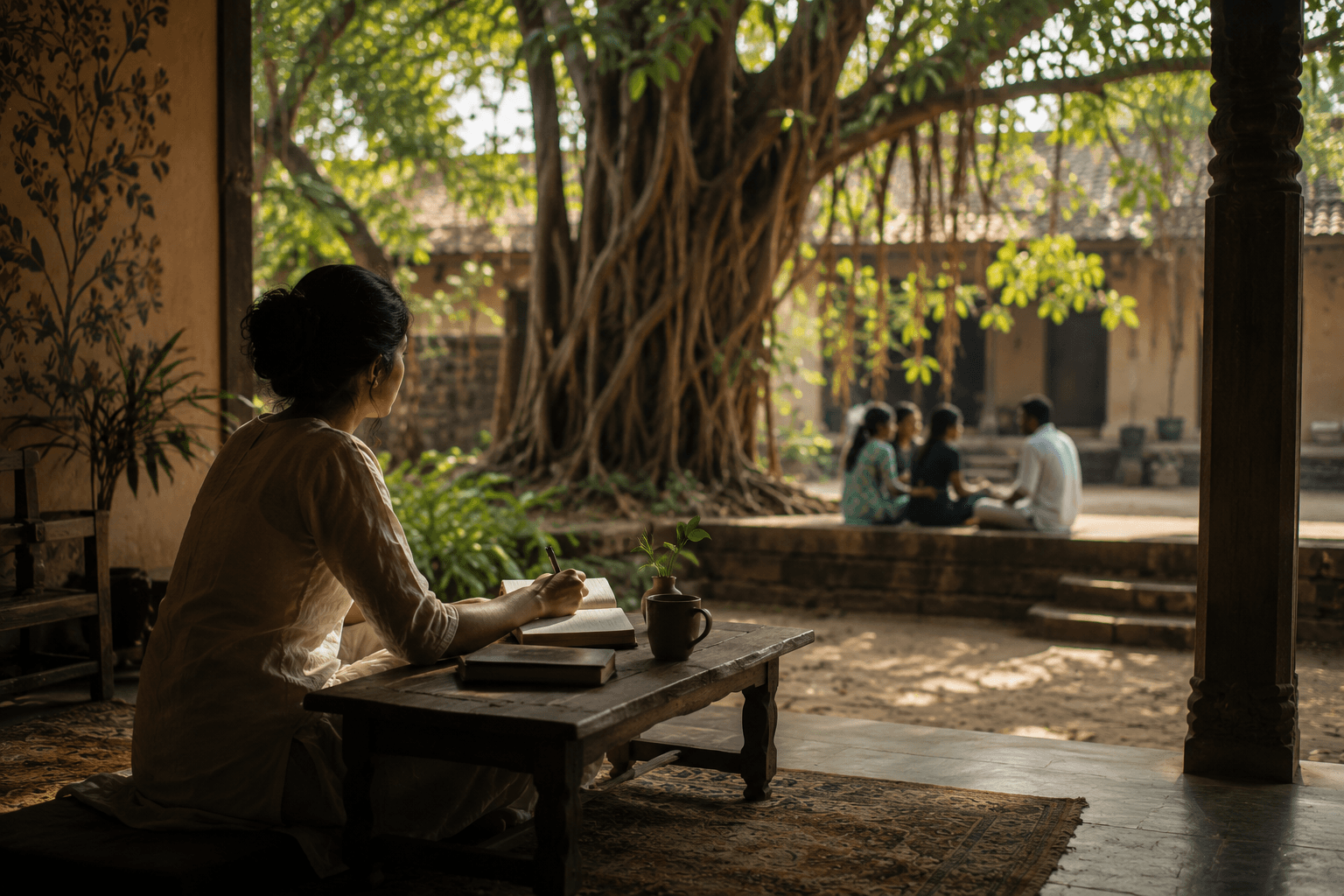 A woman writing quietly on a porch, her family gathered under a banyan tree in the courtyard beyond